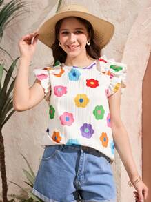 少女花卉印花圆领盖袖衬衫 - 彩色 - 查看 1
