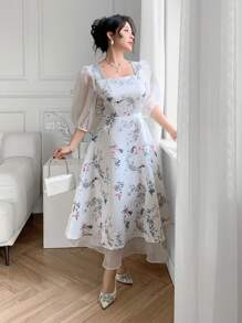 Modelyn Đầm lưới cổ vuông in hoa tay dài cho nữ, thanh lịch - trắng - Xem 4