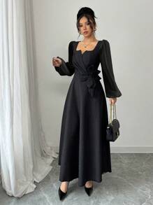 Modelyn Vestido ajustado de línea A con manga larga, efecto patchwork y jacquard para mujer - Negro - Ver 5