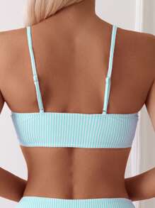 SHEIN Swim 女士随机条纹印花抹胸比基尼上衣和高腰比基尼下装套装，休闲海滩度假，春夏 - 藍白色 - 查看 5