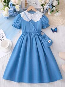 SHEIN Dziewczęca sukienka midi z bufiastymi rękawami, niebieska, z małą torebką, letnia