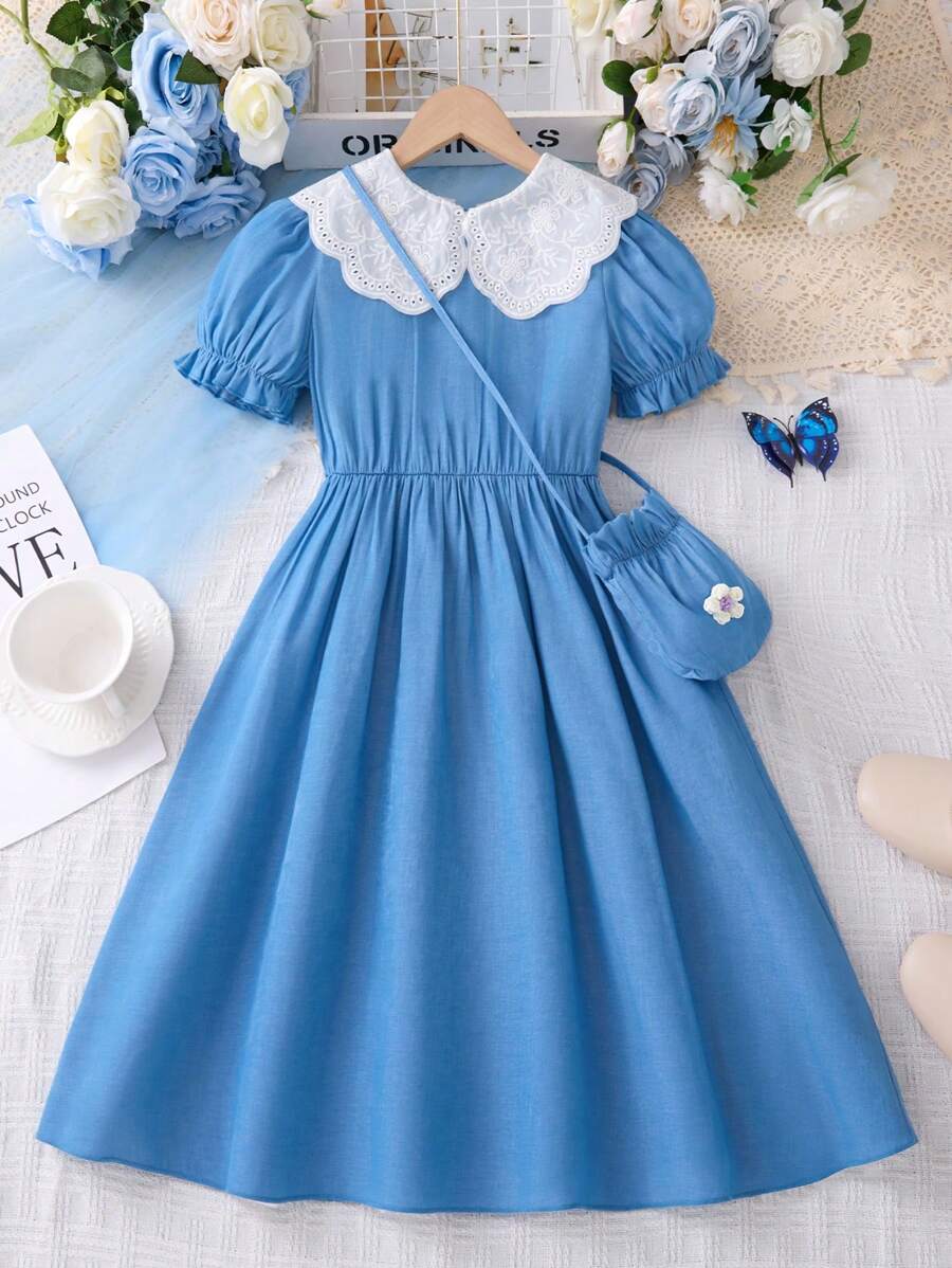 SHEIN Dziewczęca sukienka midi z bufiastymi rękawami, niebieska, z małą torebką, letnia