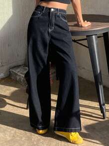 DAZY Women's Loose Fit Wide Leg Pockets Casual Versatile Denim Jeans - Dark Wash - View 5