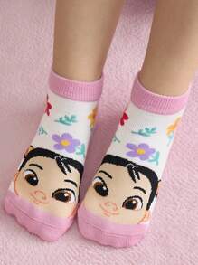 CoComelon X SHEIN 2 双可爱卡通人物与花卉图案撞色儿童袜子