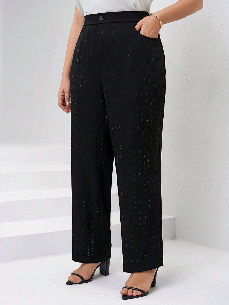 SHEIN Clasi Pantalon ajusté avec poche ornée de cristaux pour femmes grandes tailles, convient pour le port quotidien et les occasions festives