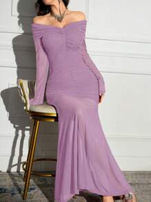 Modelyn Váy trễ vai xếp ly màu trơn thanh lịch dành cho nữ - Bụi tím - Xem 6