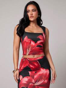 Silquee Ensemble camisole col V + jupe crayon taille basse moulante pour femmes, imprimé floral, ensemble ajusté et extensible, convient pour les vacances de printemps/été, la plage, les couvre-maillots de bain, les sorties du soir, les réunions entre amies, les fêtes de plage, les fêtes de piscine, les tenues de vacances, les fêtes dans la nature, les retraites en cabane, la Saint-Valentin romantique et les sorties en amoureux, deux-pièces, encolure asymétrique