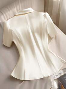 SHEIN Clasi Women's Elegant Commuting Bow Decor Puff Sleeve Shirt - Apricot - View 2