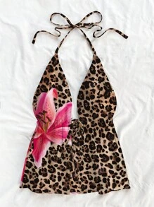 Soleia Damski swobodny top typu halter z wiązaniem na szyi i odkrytymi plecami, odpowiedni na lato, z nadrukiem w panterkę i kwiatowym wzorem