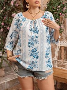 SHEIN LUNE Blusa de talla grande para mujer con cuello de lazo, manga 3/4 y estampado floral tejido, para el Día de San Valentín, conjuntos de verano para mujer, Día de San Patricio, atuendos para rave, festivales, vacaciones de primavera, estilo bohemio