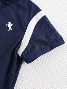 SHEIN X JIMENA & MATEO 2pcs Young Boy Casual Daily Versatile Loose Comfortable Contrast Color Short Sleeve Jacket & Shorts Set, Sports Suit