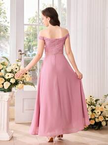 SHEIN 2pcs/Set Teenager Girl Lotus Pink Lace Sheer Shoulder Top And Chiffon Skirt, Suitable For Festival, Party, Elegant, Wedding, Back To School, Graduation