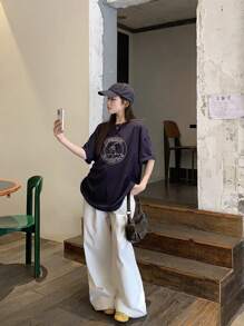 DAZY Women's Round Neck Printed Short Sleeve Casual T-Shirt, Minimalist Daily Wear Summer Oversized T-Shirt