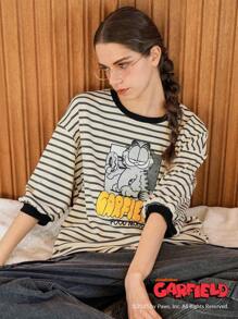 Garfield X FRIFUL Women Striped Letter Print Short Sleeve T-Shirt, Summer Casual Wear Top Cute Tops Oversized T-Shirt,Graphic Tees Long Sleeve - Khaki - View 7