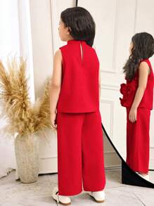 SHEIN 2 件套少女套装：优雅立领花卉贴花上衣和裤子 - 紅色 - 查看 2