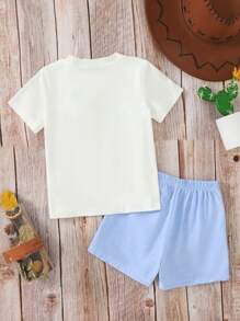 2025 Spring/Summer New Casual Comfortable White Cute Easter Bunny Print Young Girls 2pcs Set With Blue Pants, Suitable For Daily Wear, Outdoor Play And Family Holiday Gatherings Young Girls Clothing Easter Young Girl Summer Sets Young Girls Clothing Young Girls Sets - Apricot - View 3
