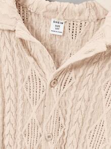 SHEIN Tween Boy Loose Comfortable Casual Jacquard Short Sleeve Shirt With Turn-Down Collar - Apricot - View 7