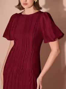 Enchnt Women's Solid Color Round Neck Short Petal Sleeve Pleated Design Elegant Dress - Burgundy - View 2