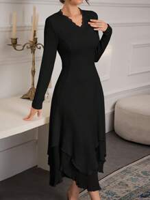Modelyn فستان نسائي أنيق متوسط الطول ذو طرف منحرف من اللون الأحادي، فستان أنيق طويل الأكمام منحرف الطرف، فستان كنزة صوفية كريمي، فستان بيج للنساء فساتين سهرة طويلة - الأسود - مشاهدة 6