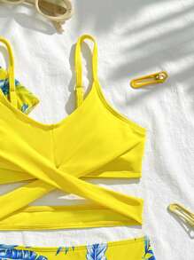 Tween Girls Cross Bikini Set With Tropical Botanical Print Kimon - Multicolor - View 3