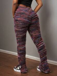 Slaydiva Pantalones de pierna acampanada con cintura elástica y tejido texturizado con abertura lateral, de uso casual en el hogar