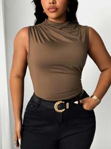 Celure 大码女式无袖聚拢修身弹力吊带背心 - 棕色 - 查看 2