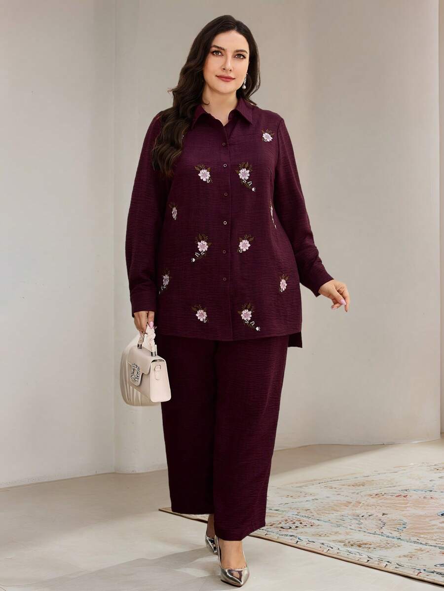 Veilorie Set de 2 piezas de camisa y pantalones con bordado floral de talla grande - Burdeos - Ver 1