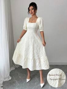 Elenzga Gaun Wanita Polos Motif Bunga Daisy Jacquard dengan Pinggang Berkerut, Elegan untuk Sehari-hari & Liburan, Lengan Mengembang - Aprikot - View 8