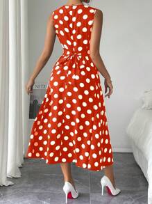 Chiquease 1 Pc Women Sleeveless Slim Waist Polka Dot A-Line Dress, Black Work Office Dress Maxi Women Outfit - Red - View 2