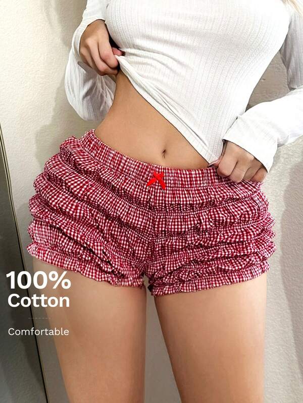 Sweetina Y2k Sexy Fashionable Going Out Pleated Ruffle Bow Accent Plaid Shorts, Casual Beach