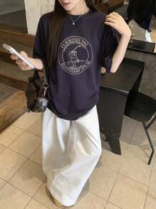 DAZY Women's Round Neck Printed Short Sleeve Casual T-Shirt, Minimalist Daily Wear Summer Oversized T-Shirt