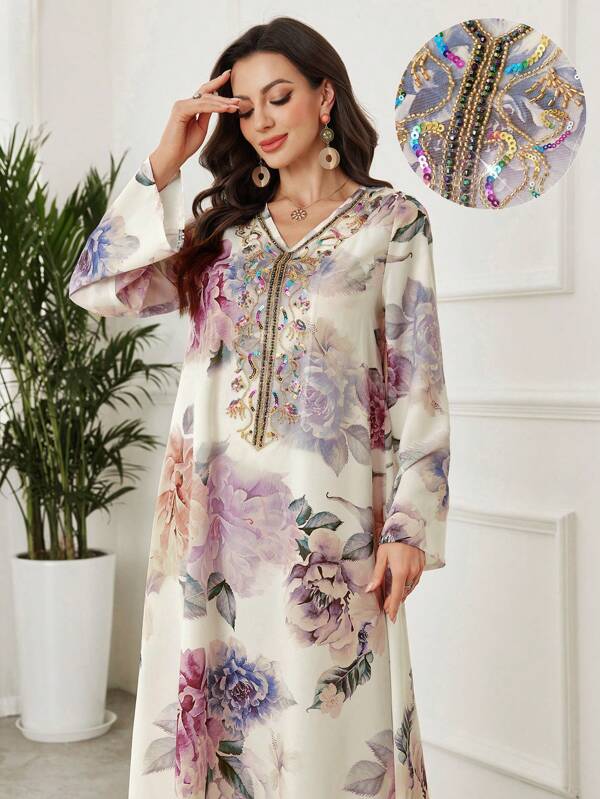 Al Najma Spring/Summer Elegant V-Neck Sequins Floral Printed Loose Dress For Women Fall Cloth For Women