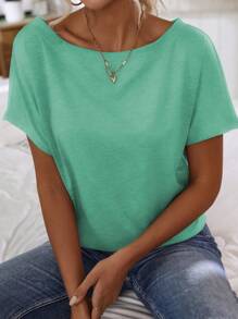 EMERY ROSE Solid Color Casual Short Sleeve T-Shirt Suitable For Daily Outdoor Activities - Mint Green - View 4