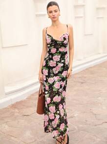 Aveloria فستان شيفون مطبوع بطبعة الورود الرومانسية الإيطالية ذو خصر عالي وياقة مفلورة للنساء، طراز أنيق وعصري مطبوع بالكامل مناسب للصيف والربيع والخريف - الأسود - مشاهدة 4