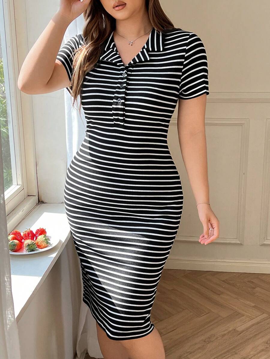 Solflare 大码女式黑白条纹纽扣半襟短袖连衣裙 - 黑與白 - 查看 1
