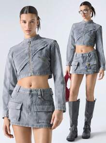 LYSMO 女士时尚做旧烟灰色牛仔短款夹克 2025 年夏季新品 - 灰色 - 查看 1