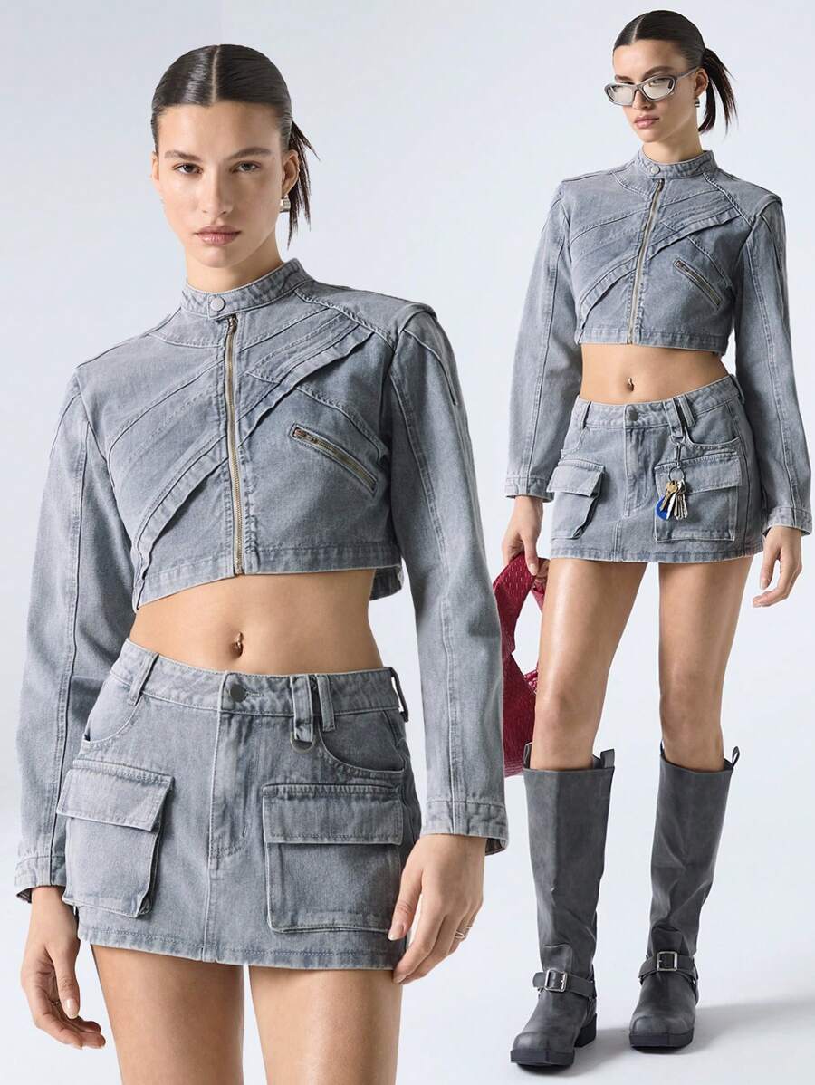 LYSMO 女士时尚做旧烟灰色牛仔短款夹克 2025 年夏季新品 - 灰色 - 查看 1