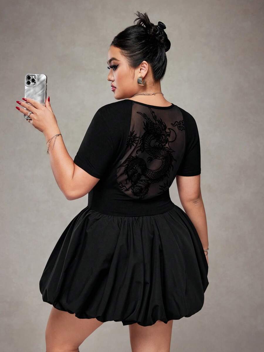 SHEIN ICON Plus Size Y2K Style Mesh Sheer Dragon Graphic Short Sleeve Knit Bubble Dress - Black - View 1