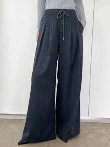 Dazy Star Women's Tie-Front Pocket Striped Casual Pants, Everyday Wear,Back To School Clothes