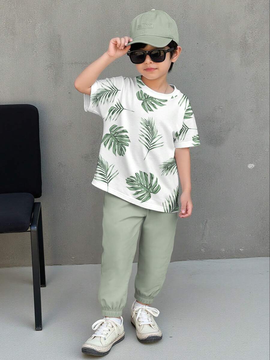 SHEIN Little Byeori Toddler Boys Tropical Print Tee & Drawstring Waist Trousers - Multicolor - View 1