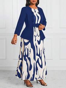 Fleurora 大码女式抽象印花两件套休闲/通勤西装套装，夏季