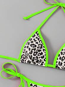 SHEIN Swim 女士夏季沙滩豹纹露背性感比基尼两件套泳衣套装