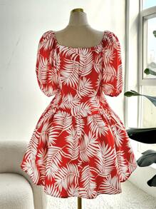 Flirla Plus Size Plant Print Lantern Sleeve Casual Vacation Dress - Multicolor - View 4