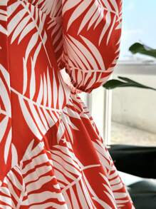 Flirla Plus Size Plant Print Lantern Sleeve Casual Vacation Dress - Multicolor - View 5