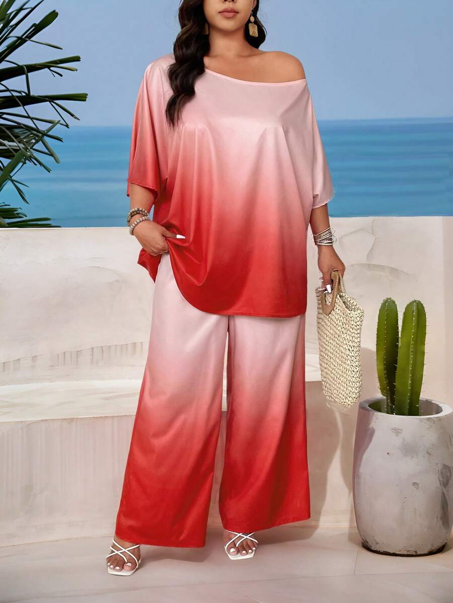 SHEIN Clasi Plus Size Ombre Raglan Top + Wide Leg Pants Set,Beach Outfits