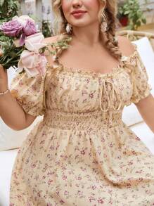 SHEIN VCAY Plus Size Off-Shoulder Short Sleeve Mini Ditsy Floral Dress Summer Wedding Guest Dress Women Dresses For Women Elegant Birthday Dresses For Women Sundress Backless Dress Floral Off The Shoulder Vacation Outfits Woman Beach Spring Boho Rave Outfits Cottagecore Brunch Outfits For Women Fairycore Old Money Tropical Vacation Woman Clothes Tropical Casual Elegant - Multicolor - View 8