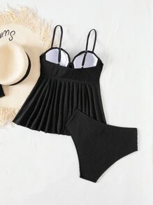SHEIN 2pcs/Set Women's Textured Fabric Solid Color Spaghetti Strap Ruffle Hem Camisole & Tankini Swimwear Set, Summer Beachwear