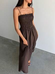 Aloruh Coffee Color Tube Tube Top Dress Modest,Graduation,Graduation Dresses For Women,Back To School Dress,Casual Long Dresses,Summer Vacation Outfits,Elegant Dresses For Women,Weddings & Events,Old Money Style,Simple Dress - Coffee - View 4