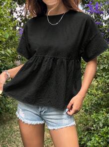 SHEIN EZwear Women's Solid Color Simple Daily Ruffle Hem Top - Black - View 3