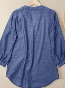 EMERY ROSE Women Plus Size Floral Embroidered V-Neck Long Sleeve Loose Blouse - Navy Blue - View 2